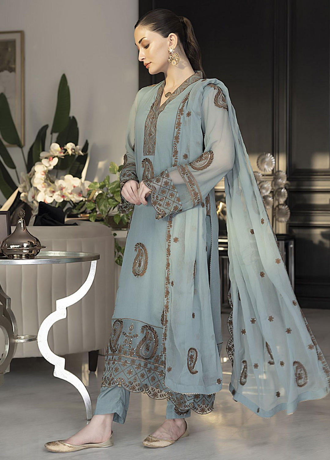 Merakish By Shahzeb Textiles Embroidered Chiffon Suits Unstitched 3 Piece ST24MK-V10 Wild Blue - Festive Collection