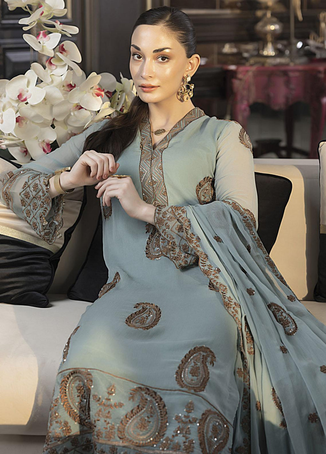 Merakish By Shahzeb Textiles Embroidered Chiffon Suits Unstitched 3 Piece ST24MK-V10 Wild Blue - Festive Collection