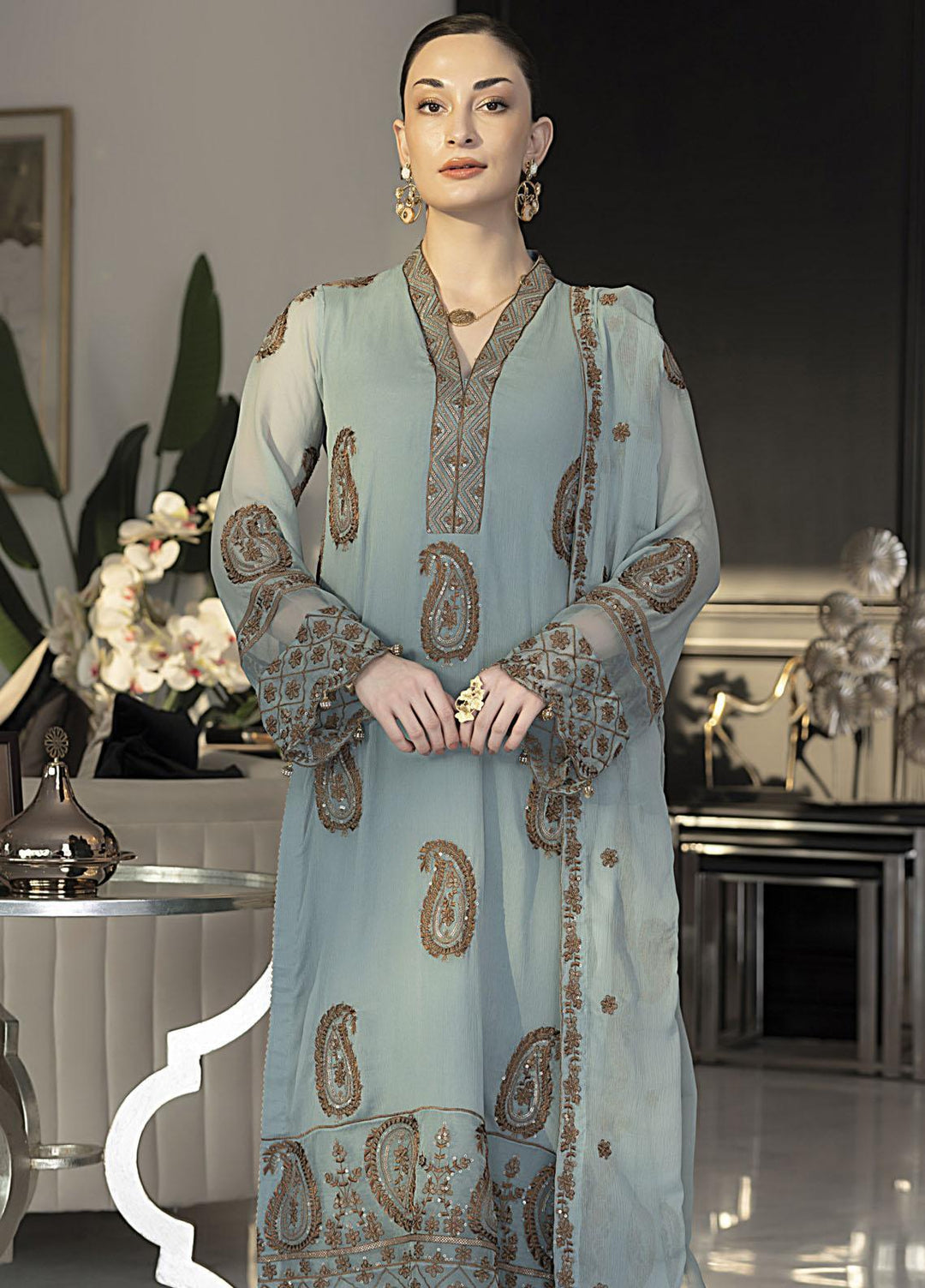 Merakish By Shahzeb Textiles Embroidered Chiffon Suits Unstitched 3 Piece ST24MK-V10 Wild Blue - Festive Collection