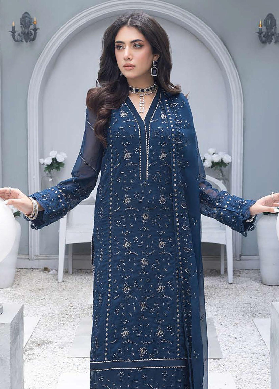 Merakish By Shahzeb Textiles Embroidered Chiffon Suits Unstitched 3 Piece ST23MKLC D-02 Yale Blue - Luxury Collection