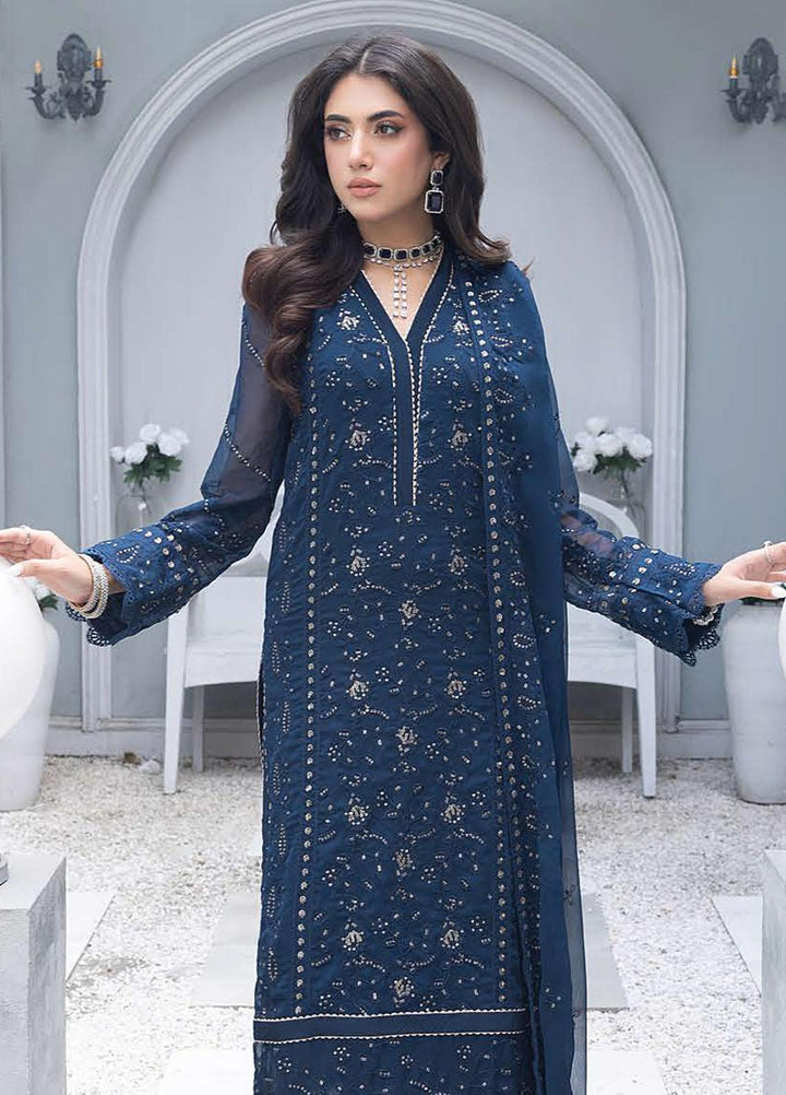 Merakish By Shahzeb Textiles Embroidered Chiffon Suits Unstitched 3 Piece ST23MKLC D-02 Yale Blue - Luxury Collection