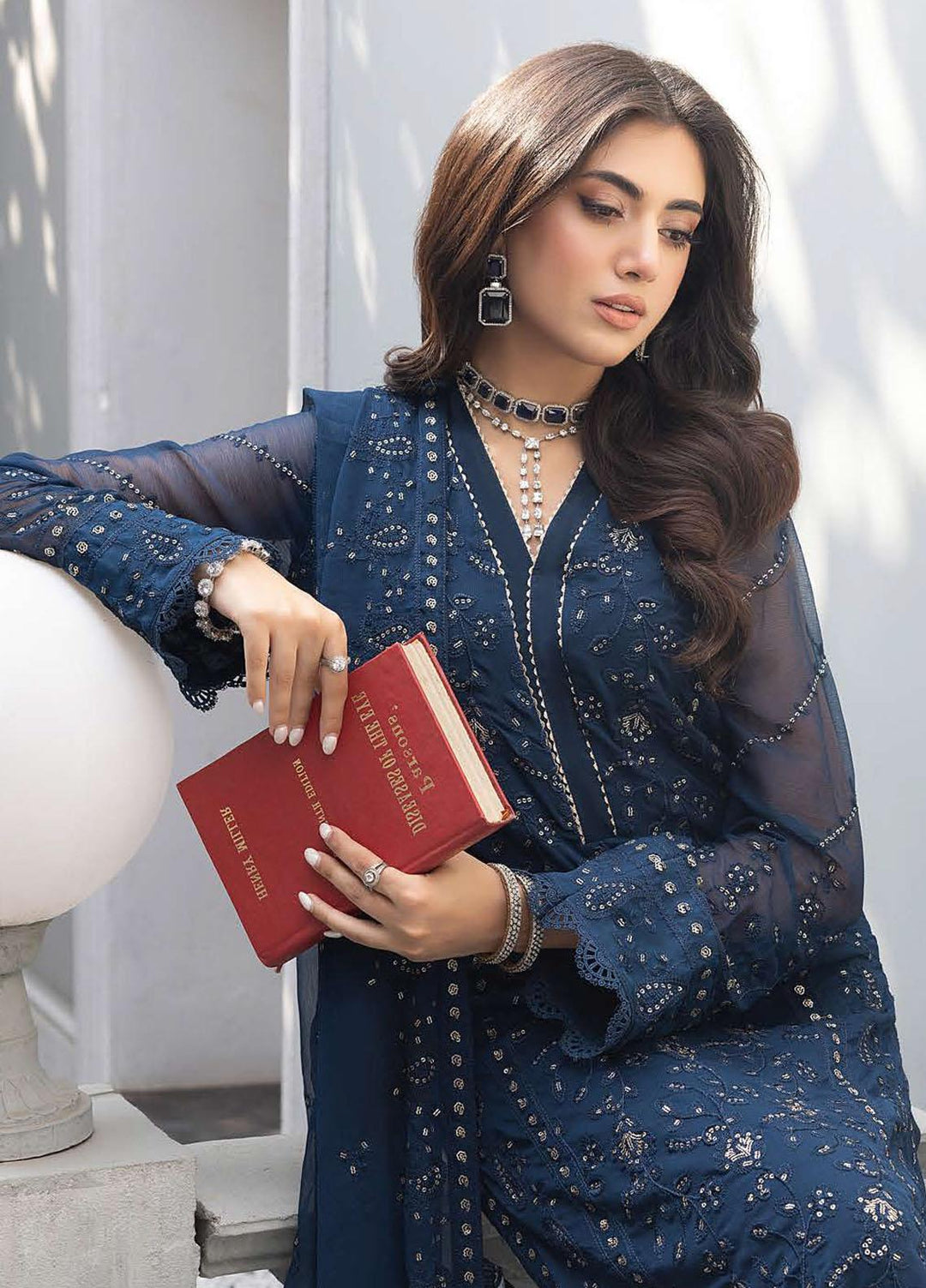 Merakish By Shahzeb Textiles Embroidered Chiffon Suits Unstitched 3 Piece ST23MKLC D-02 Yale Blue - Luxury Collection