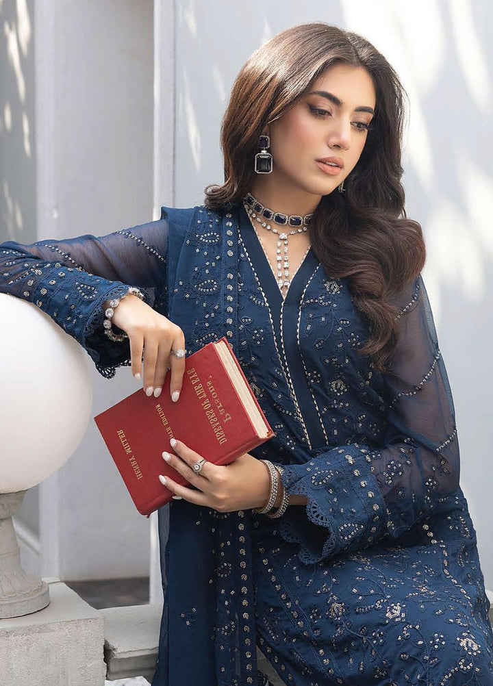 Merakish By Shahzeb Textiles Embroidered Chiffon Suits Unstitched 3 Piece ST23MKLC D-02 Yale Blue - Luxury Collection