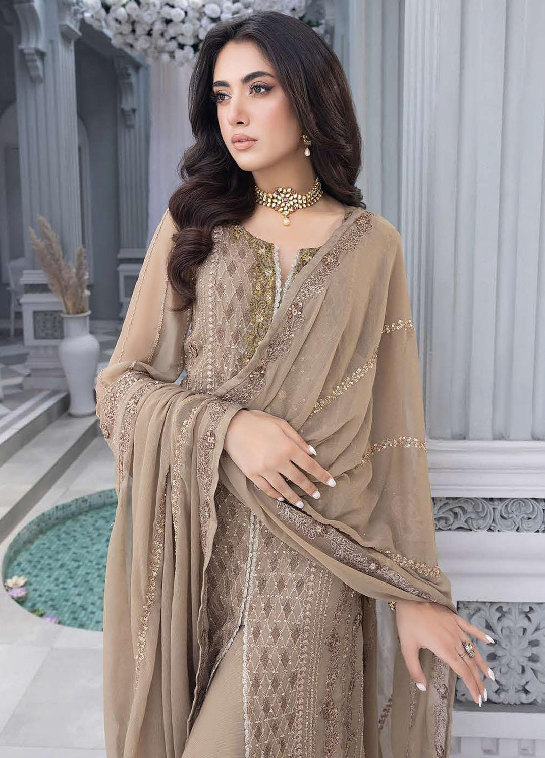 Merakish By Shahzeb Textiles Embroidered Chiffon Suits Unstitched 3 Piece ST23MKLC D-04 Moss Brown - Luxury Collection