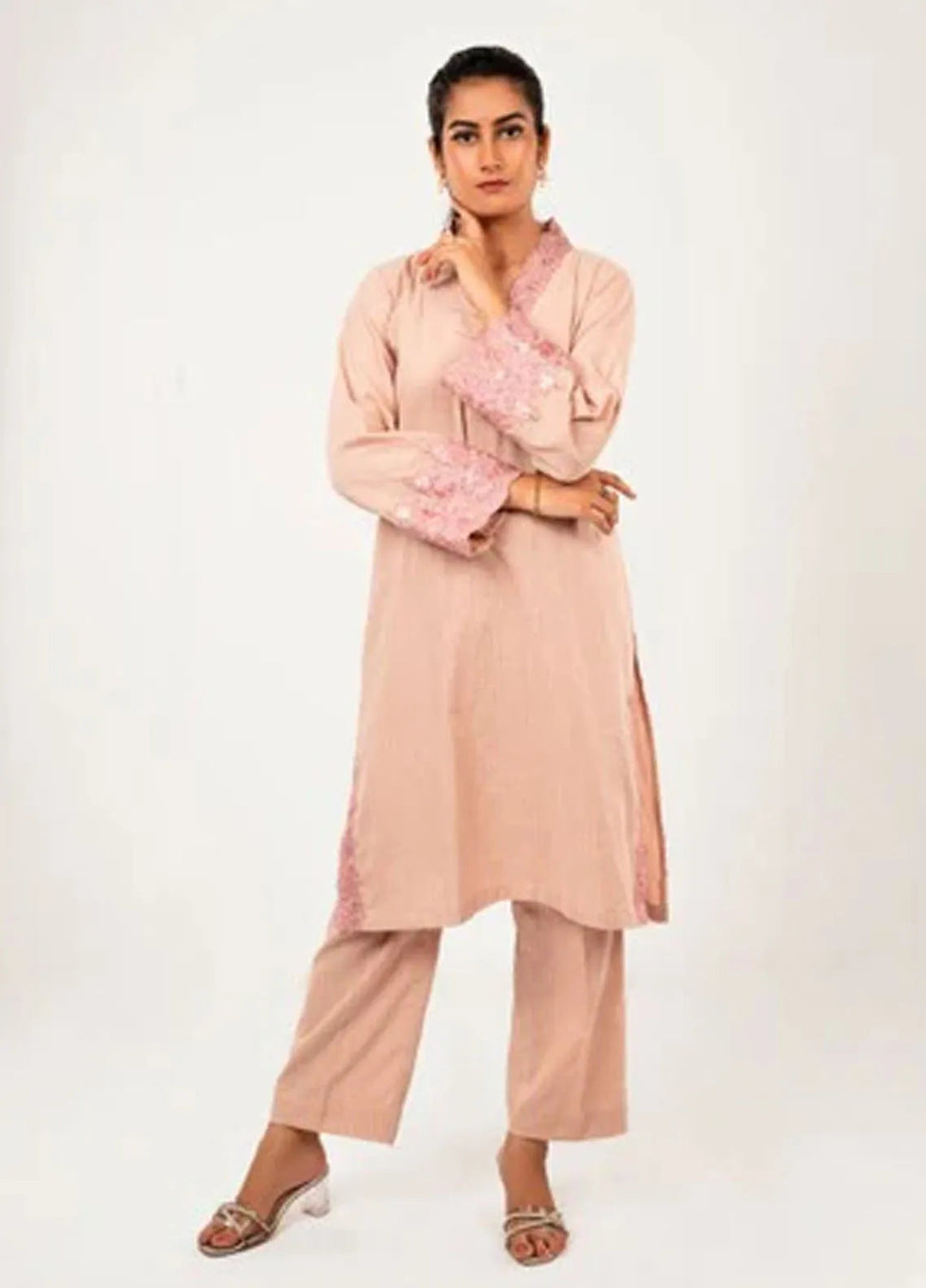 MHK Pret Printed Irish Cotton 2 Piece Suit Peach Aplic