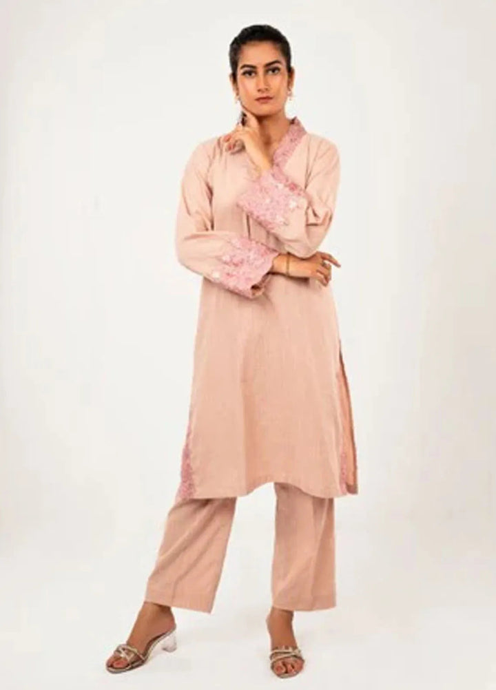 MHK Pret Printed Irish Cotton 2 Piece Suit Peach Aplic