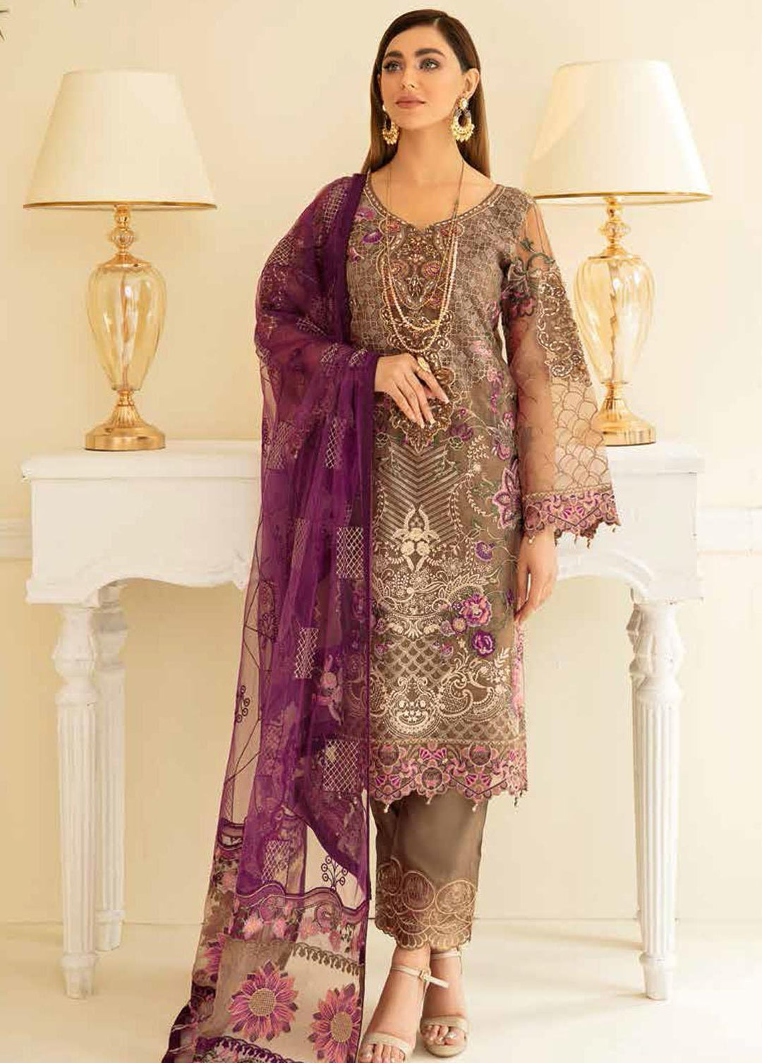 Minhal by Ramsha Embroidered Organza Suits Unstitched 3 Piece RSH22-M5 M-505 - Luxury Collection