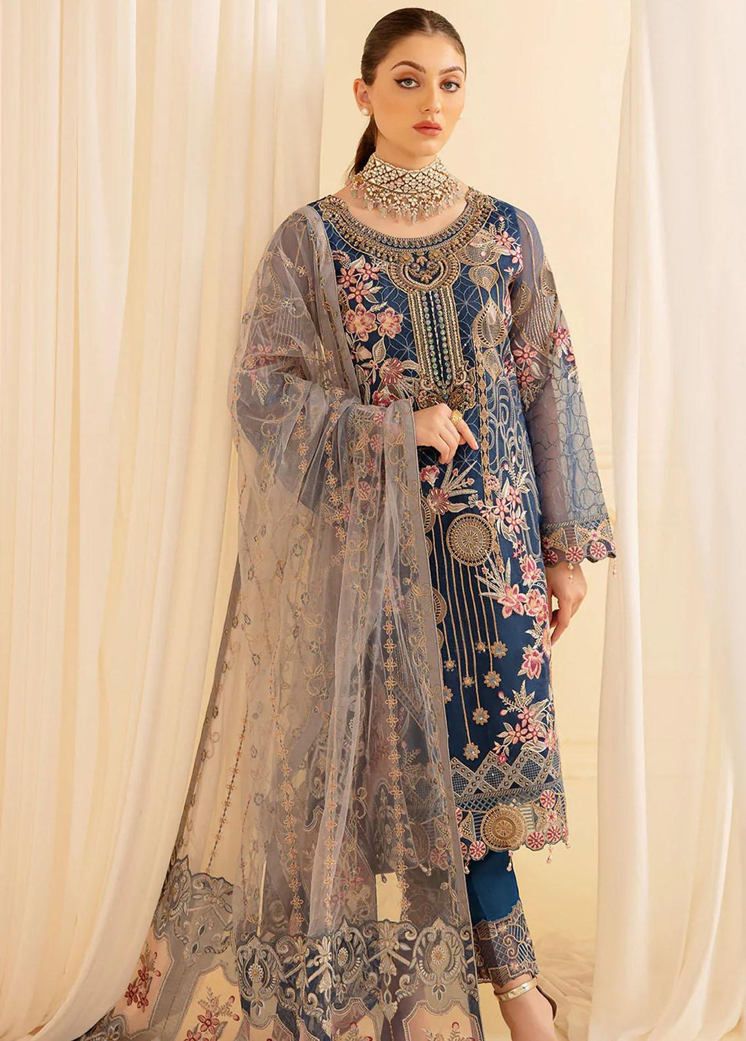 Minhal by Ramsha Embroidered Organza Suits Unstitched 3 Piece RSH22-M7 M-701 - Luxury Collection