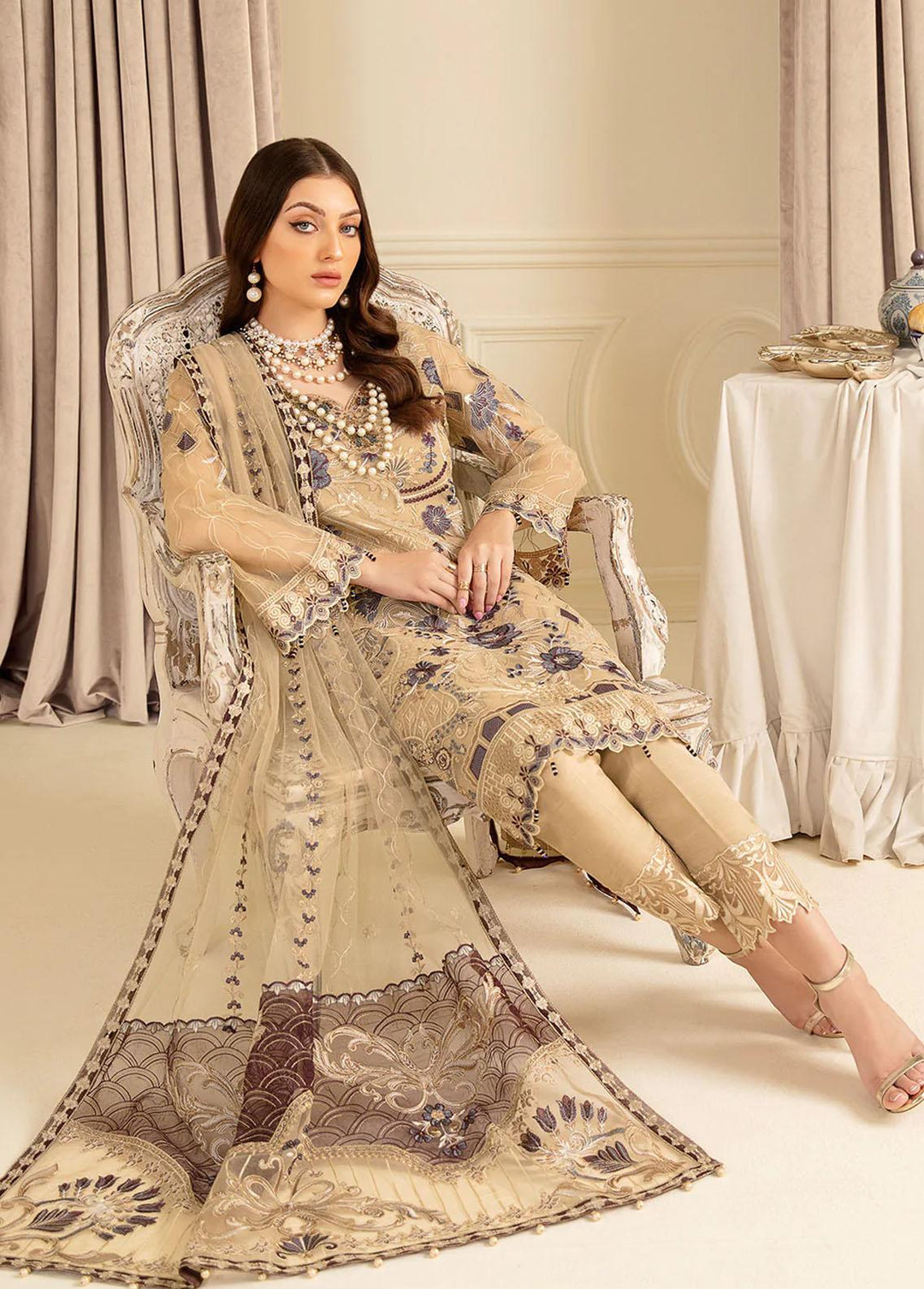 Minhal by Ramsha Embroidered Organza Suits Unstitched 3 Piece RSH22-M7 M-702 - Luxury Collection