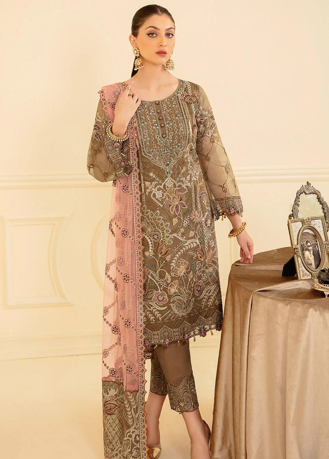 Minhal by Ramsha Embroidered Organza Suits Unstitched 3 Piece RSH22-M7 M-705 - Luxury Collection