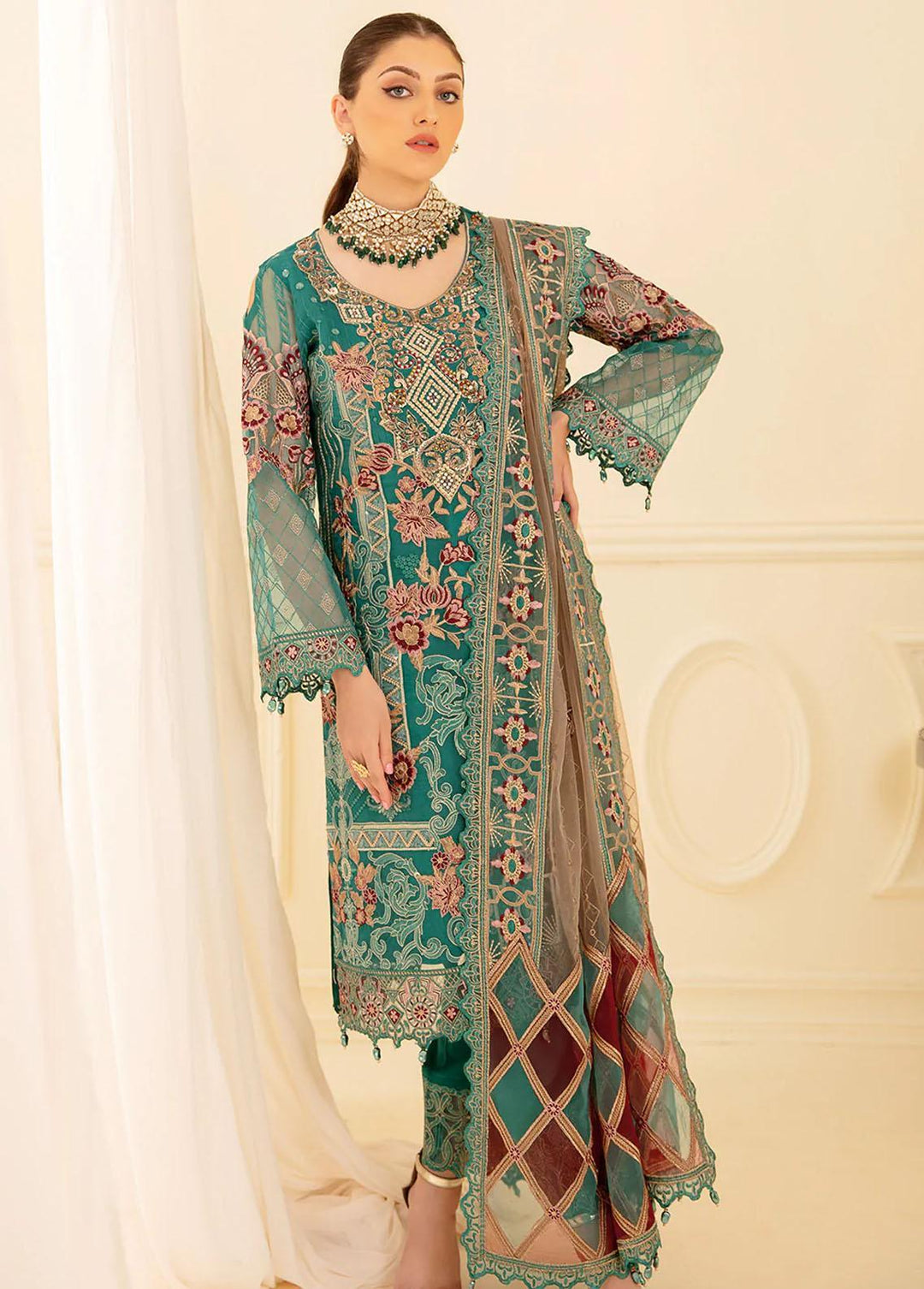 Minhal by Ramsha Embroidered Organza Suits Unstitched 3 Piece RSH22-M7 M-708 - Luxury Collection