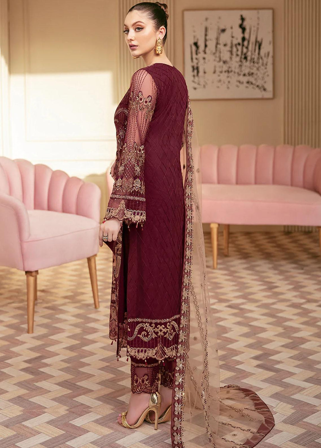 Minhal by Ramsha Embroidered Net Suits Unstitched 3 Piece RSH22-M6 M-603 - Luxury Collection