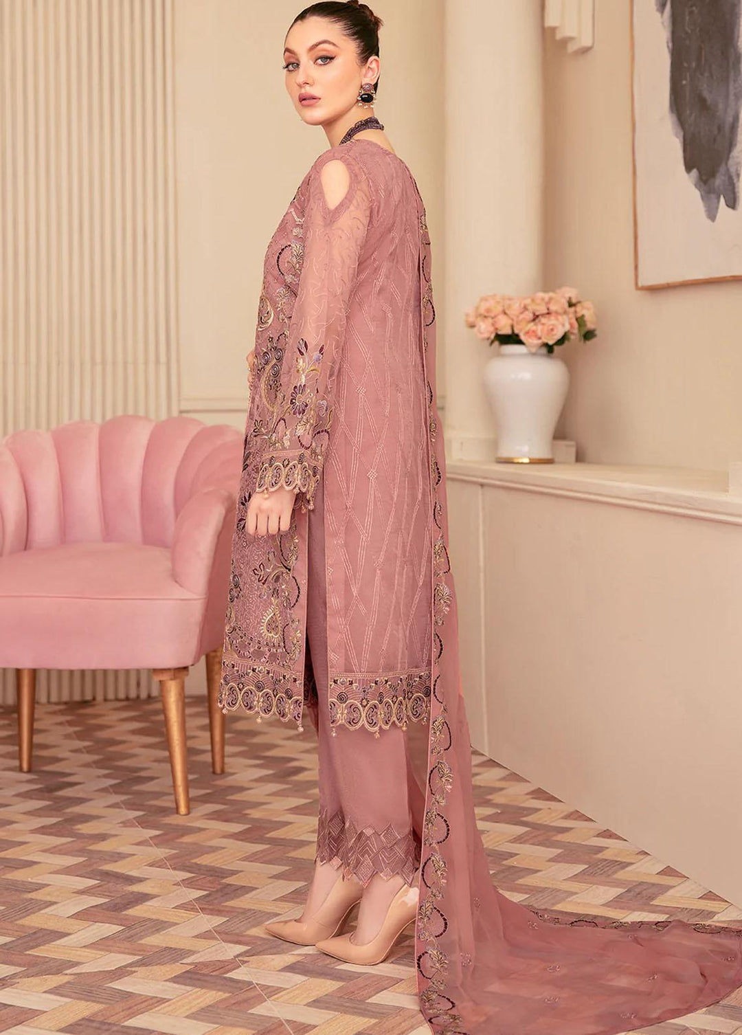 Minhal by Ramsha Embroidered Organza Suits Unstitched 3 Piece RSH22-M6 M-605 - Luxury Collection