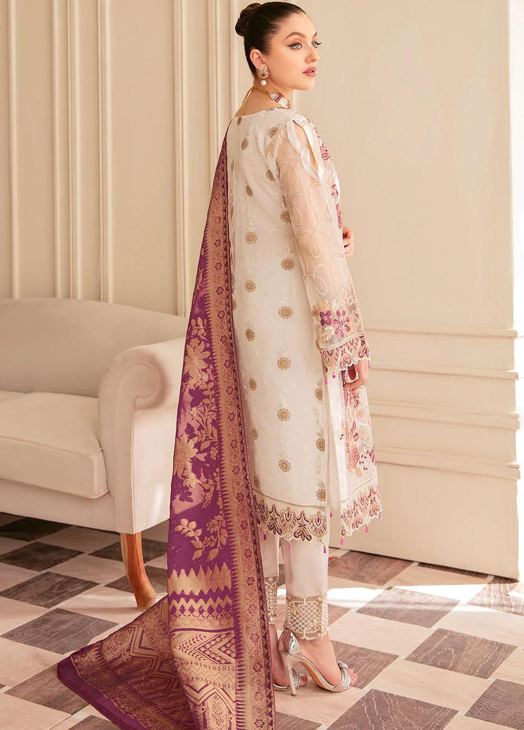 Minhal by Ramsha Embroidered Organza Suits Unstitched 3 Piece RSH22-M6 M-608 - Luxury Collection