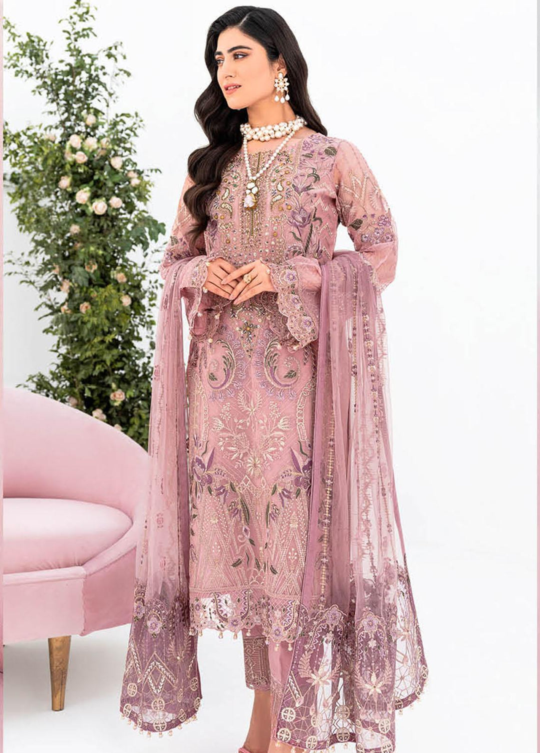Minhal by Ramsha Embroidered Organza Suits Unstitched 3 Piece RSH23-M8 M-804 - Luxury Collection