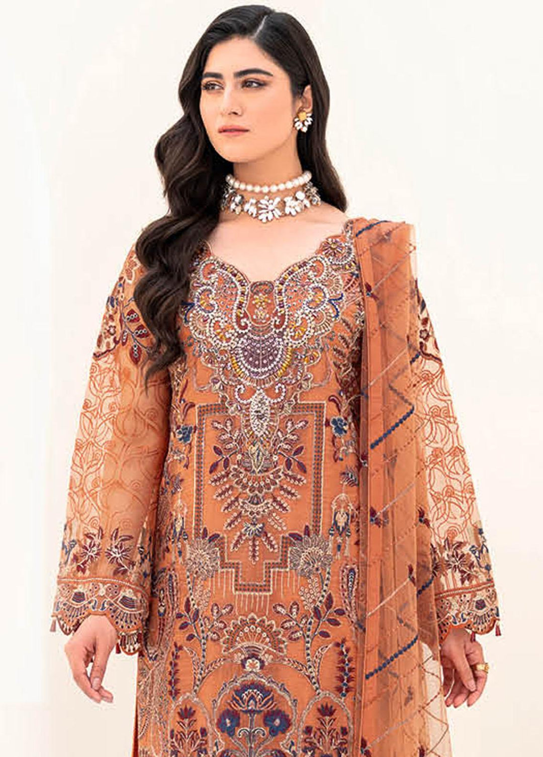 Minhal by Ramsha Embroidered Organza Suits Unstitched 3 Piece RSH23-M8 M-808 - Luxury Collection