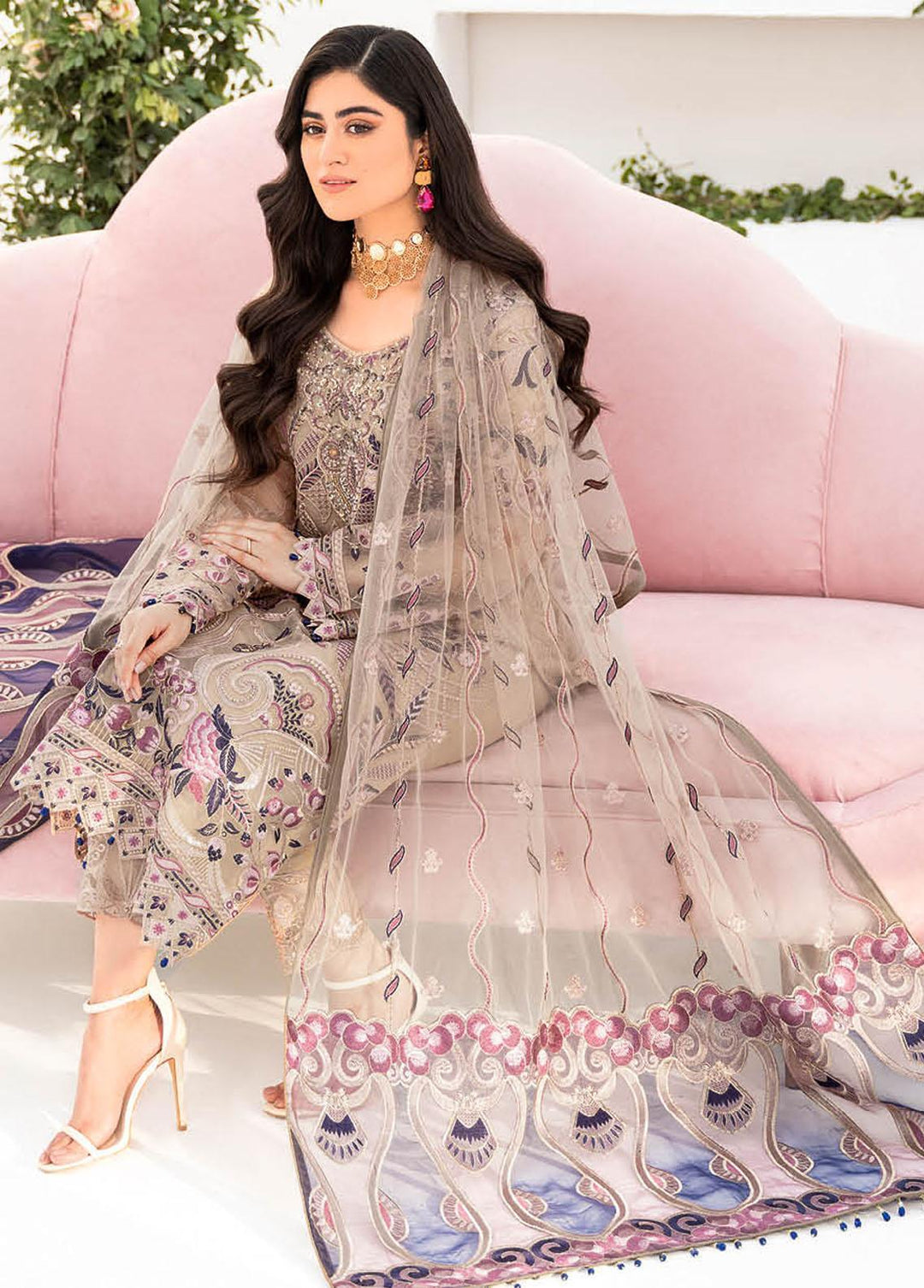 Minhal by Ramsha Embroidered Organza Suits Unstitched 3 Piece RSH23-M8 M-809 - Luxury Collection