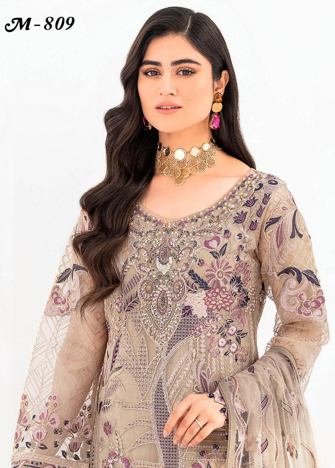 Minhal by Ramsha Embroidered Organza Suits Unstitched 3 Piece RSH23-M8 M-809 - Luxury Collection