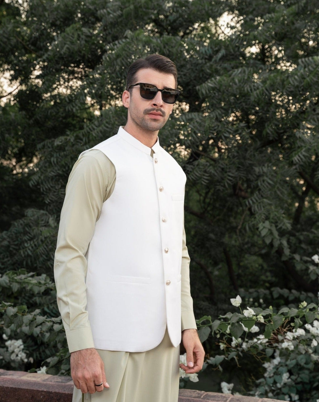 Muraqsh Ready To Wear Solids Cotton Men Mint Kameez Shalwar with Off White Suiting Waistcoat Round Cut MURW-KS - Summer Collection