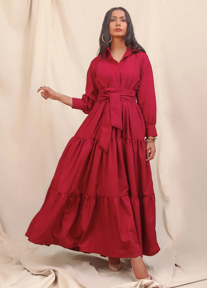 Minutiae Pret Solid Cotton 1 Piece Suit Long Tiered Dress With Kimono Belt