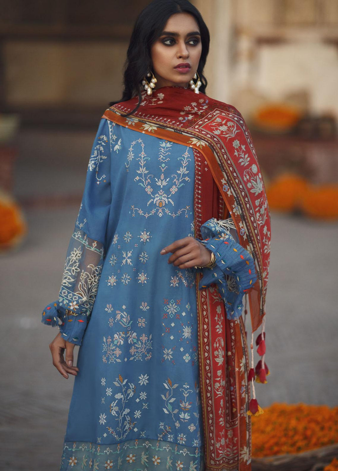 Misha Lakhani Embroidered Lawn Suits Unstitched 3 Piece ML21L 13 Zouak-Blue - Summer Collection
