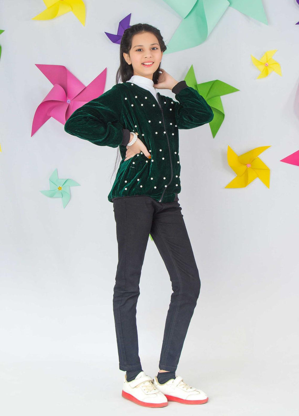 Modest Velvet Fancy Pret Girls Kurti -  Velvet Love - Green 3055-Green