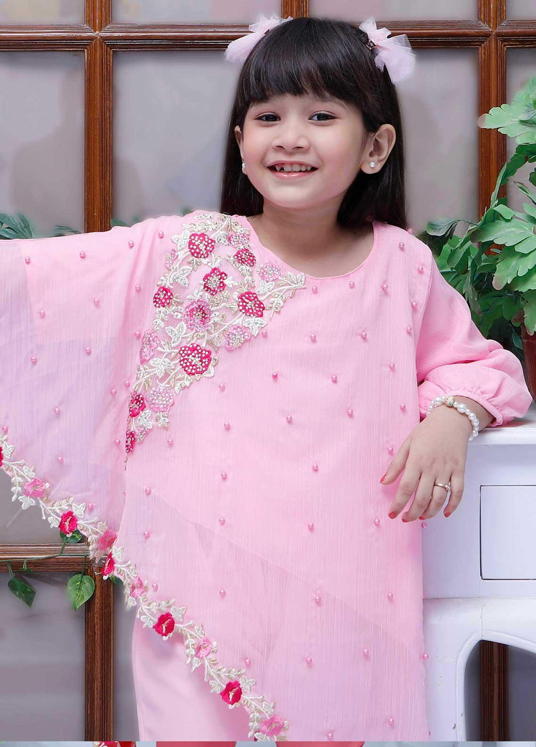 Modest Chiffon Fancy Pret 2 Piece for Girls -  Nautical Flora - Baby Pink 4145-Baby Pink