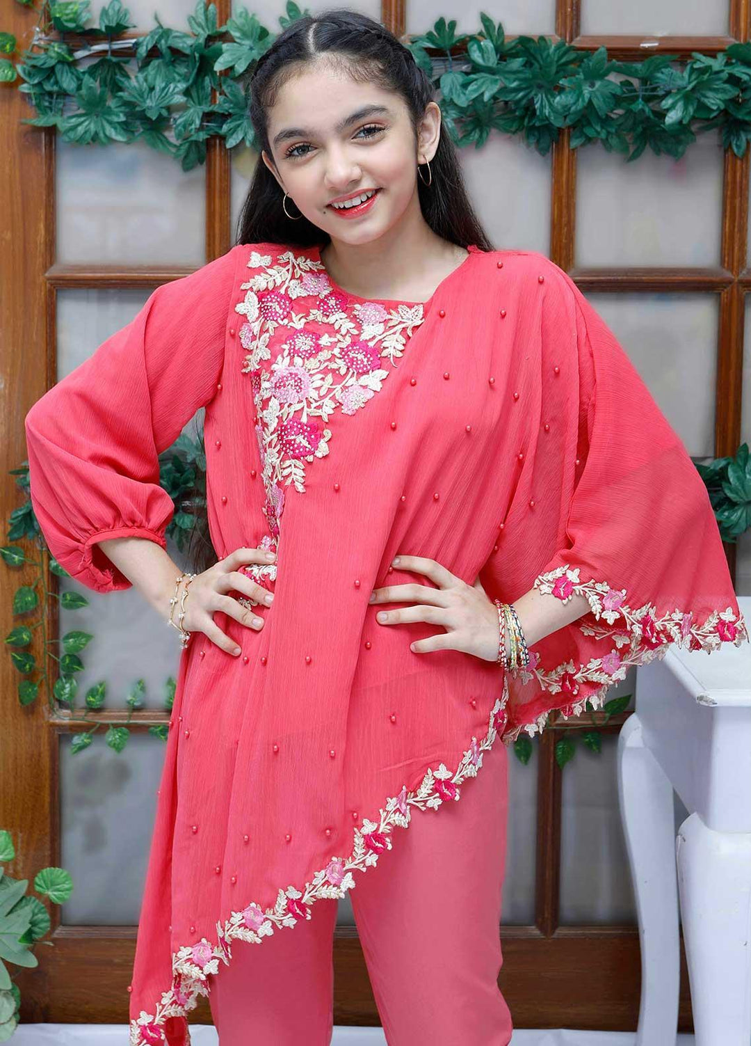 Modest Chiffon Fancy Pret Girls 2 Piece -  Nautical Flora - Tea Pink 4145-Tea Pink