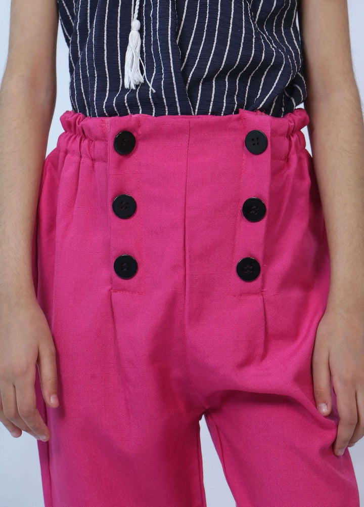 Modest Knitted Fancy Pret Girls Pant -  Hot Pink Buttoned T003-Hot Pink