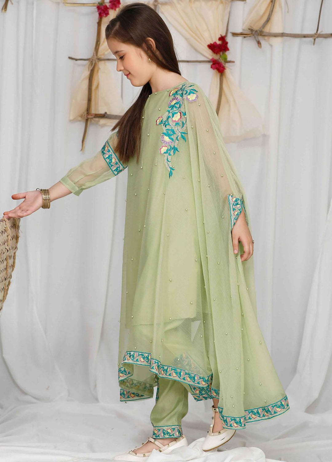 Modest Chiffon  Festive Pret 3 Piece for Girls -  Qurbat 4555-Green