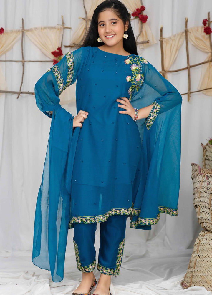 Modest Chiffon  Festive Pret 3 Piece for Girls -  Qurbat 4555-Blue