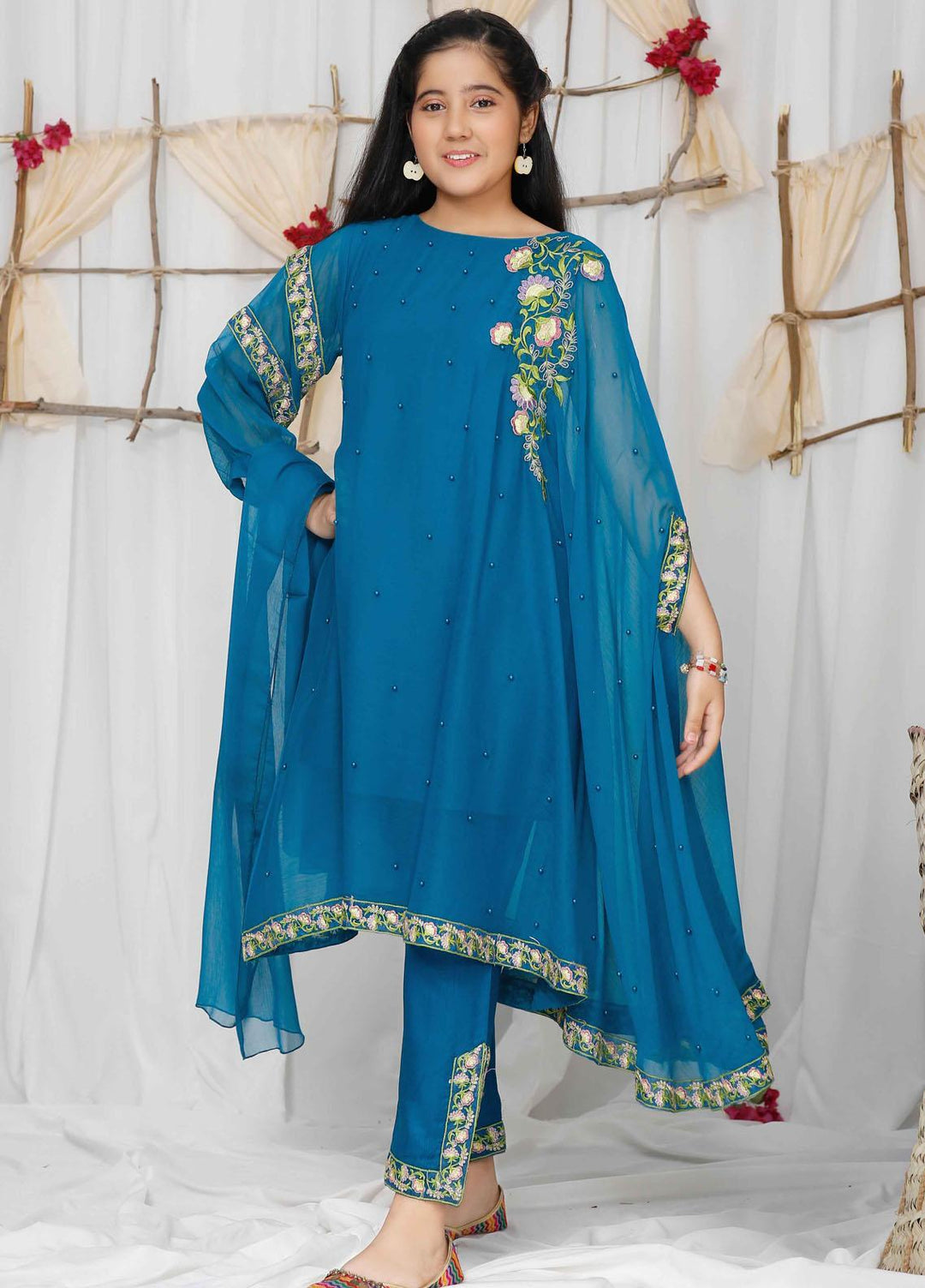 Modest Chiffon  Festive Pret 3 Piece for Girls -  Qurbat 4555-Blue