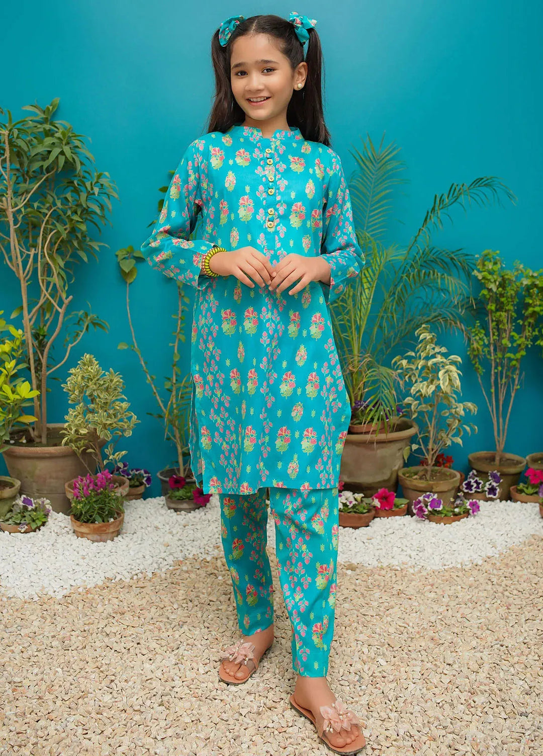 Modest Girls Pret Printed Lawn 2 Piece Suit Aqua Blossom