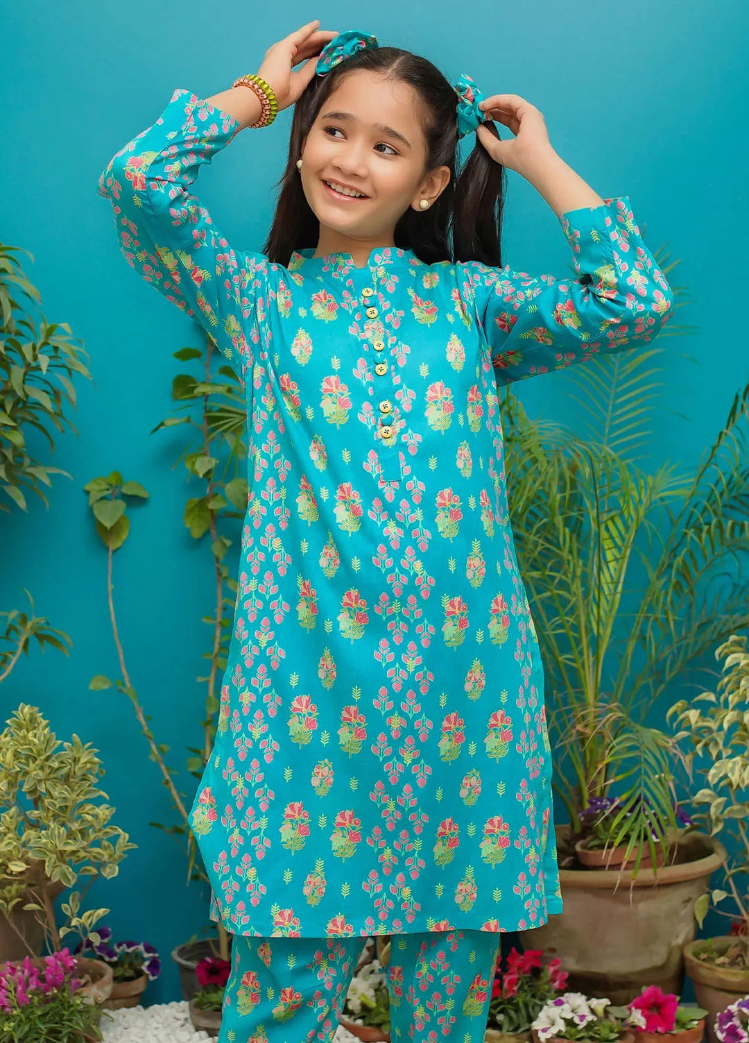 Modest Girls Pret Printed Lawn 2 Piece Suit Aqua Blossom