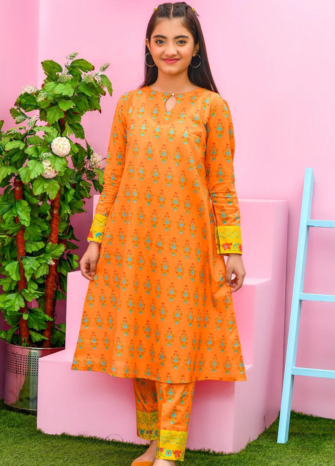 Modest Lawn Pret 2 Piece Dress for Girls -  Sila W214-Orange