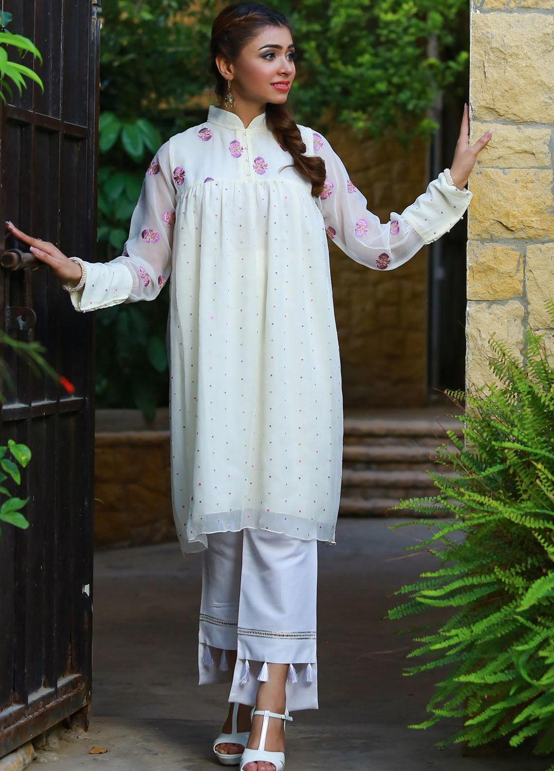 Modest Fancy  Stitched Top MD21L 013 Cream