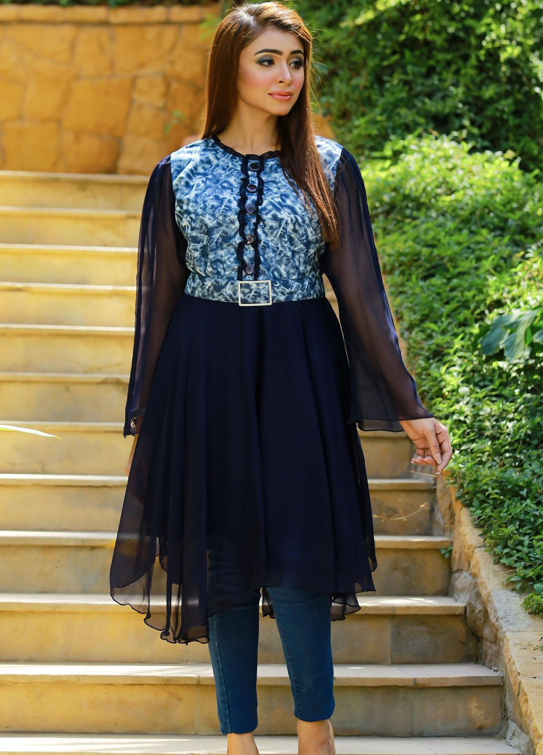 Modest Fancy Stitched Top MD21L W14 Navy Blue