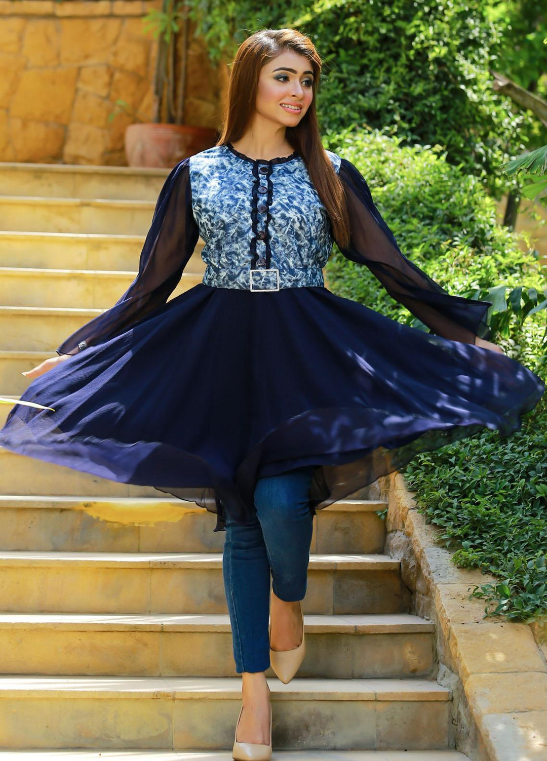 Modest Fancy Stitched Top MD21L W14 Navy Blue