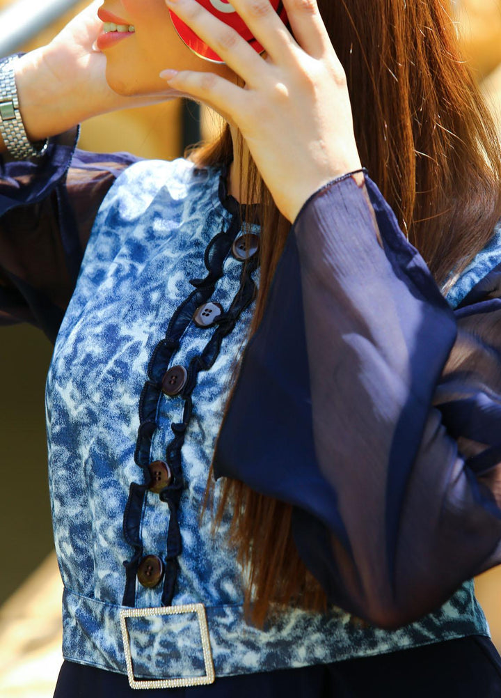 Modest Fancy Stitched Top MD21L W14 Navy Blue