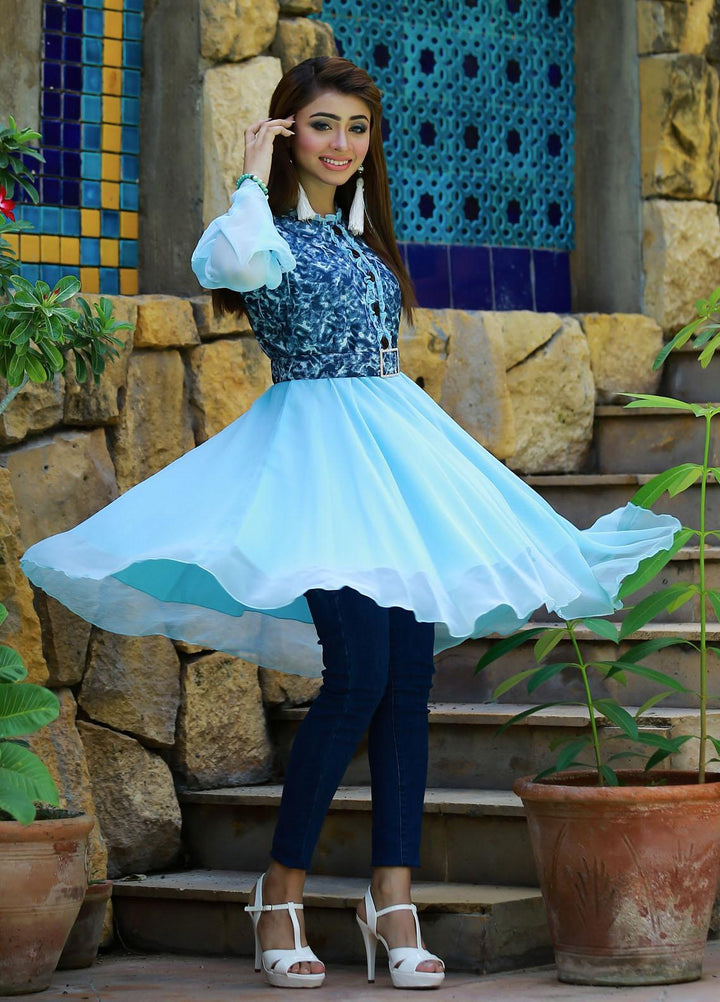 Modest Fancy Stitched Top MD21L W14 Sea Blue