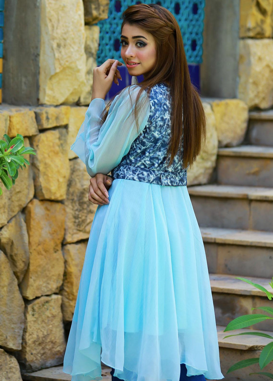 Modest Fancy Stitched Top MD21L W14 Sea Blue