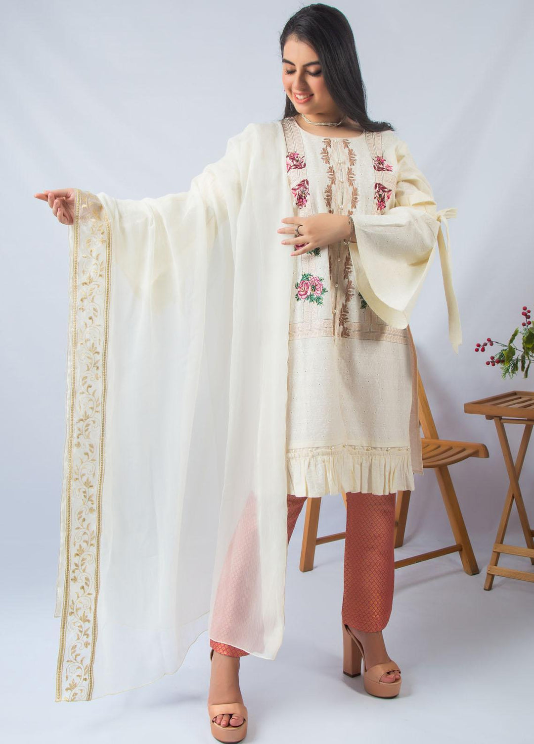 Modest Fancy Stitched 2 Piece Suit MD21L W21 Cream