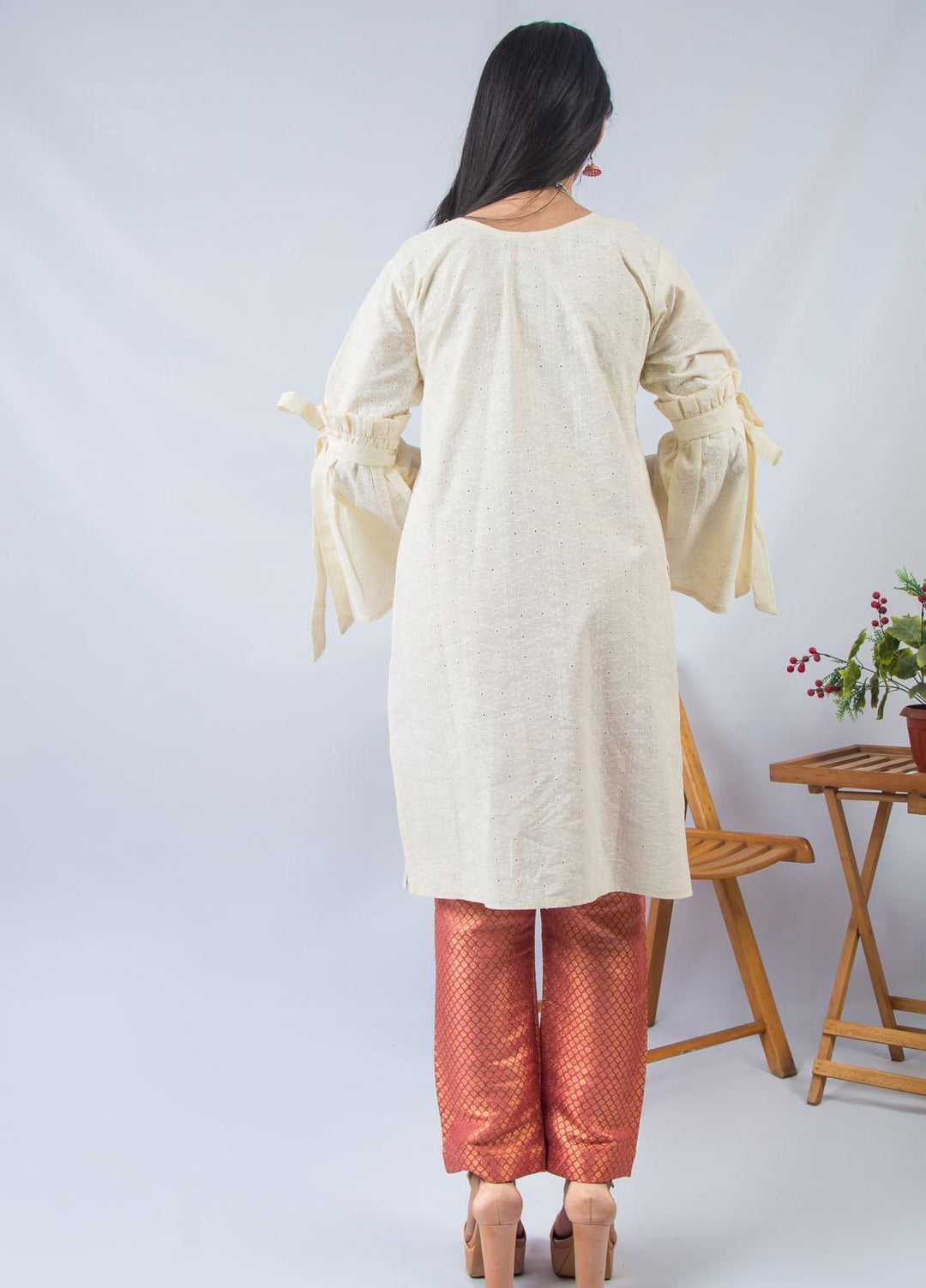 Modest Fancy Stitched 2 Piece Suit MD21L W21 Cream