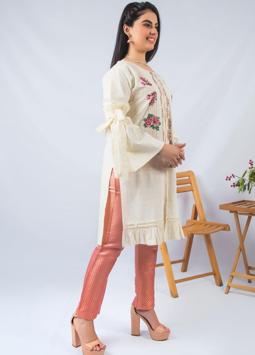 Modest Fancy Stitched 2 Piece Suit MD21L W21 Cream