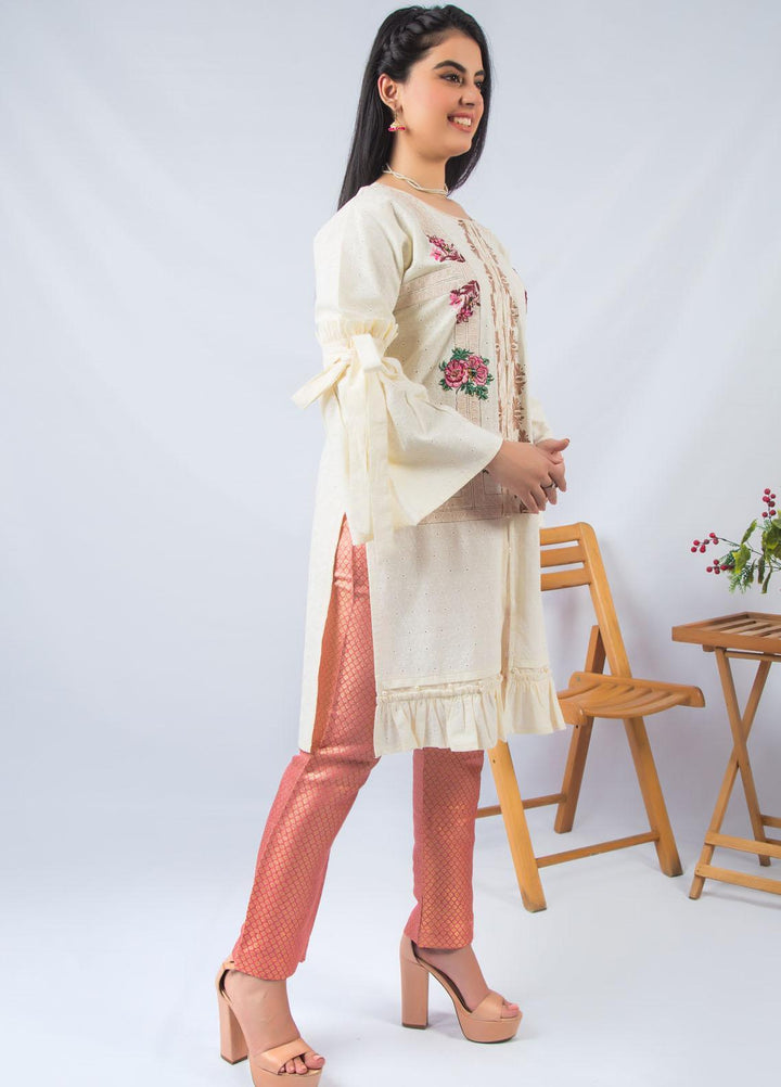 Modest Fancy Stitched 2 Piece Suit MD21L W21 Cream