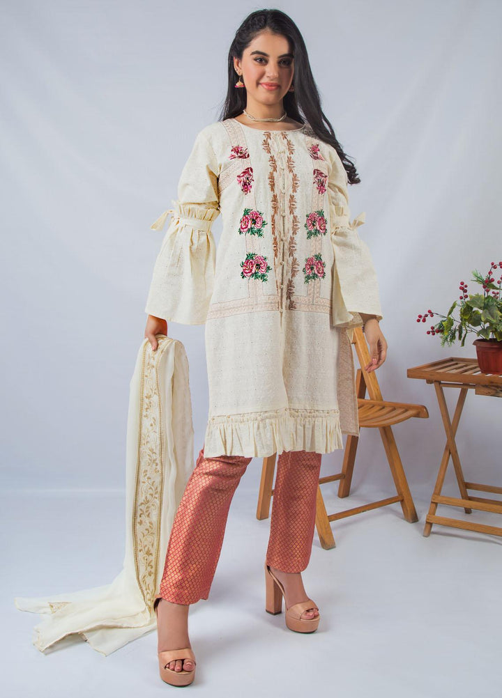 Modest Fancy Stitched 2 Piece Suit MD21L W21 Cream
