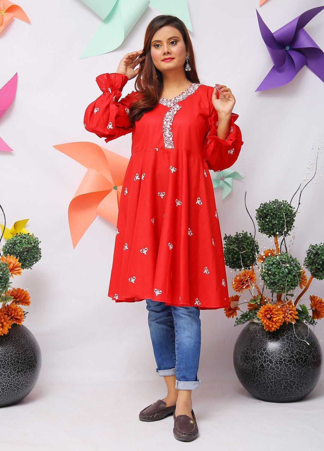 Modest Fancy Stitched Kurti MD21L W29 Red