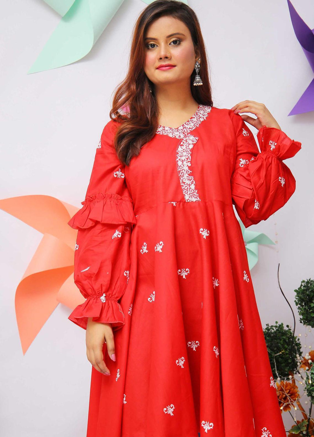 Modest Fancy Stitched Kurti MD21L W29 Red