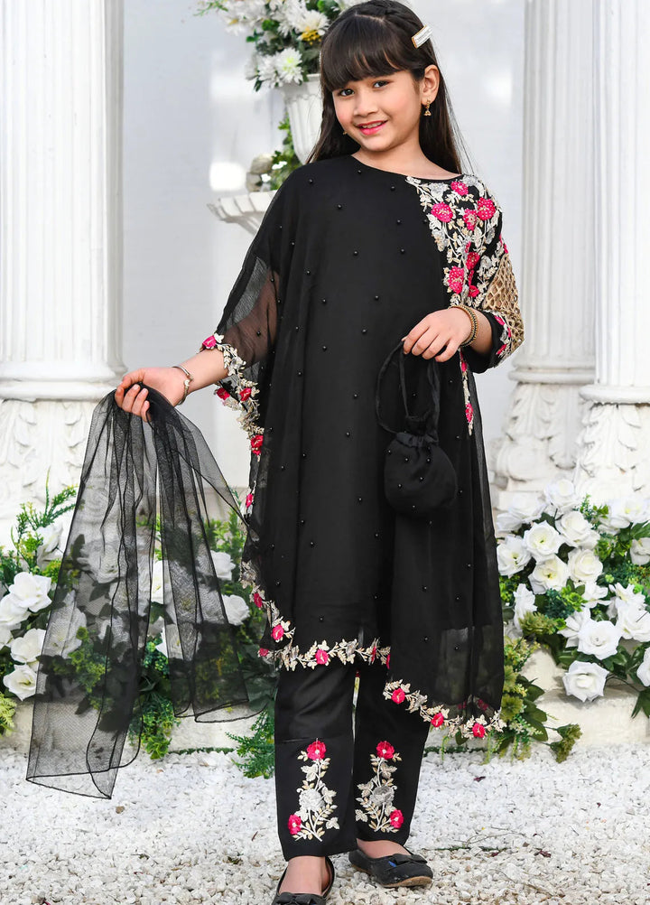 Modest Pret Casual Chiffon 3 Piece Suit Pearl Cape Dress - Black