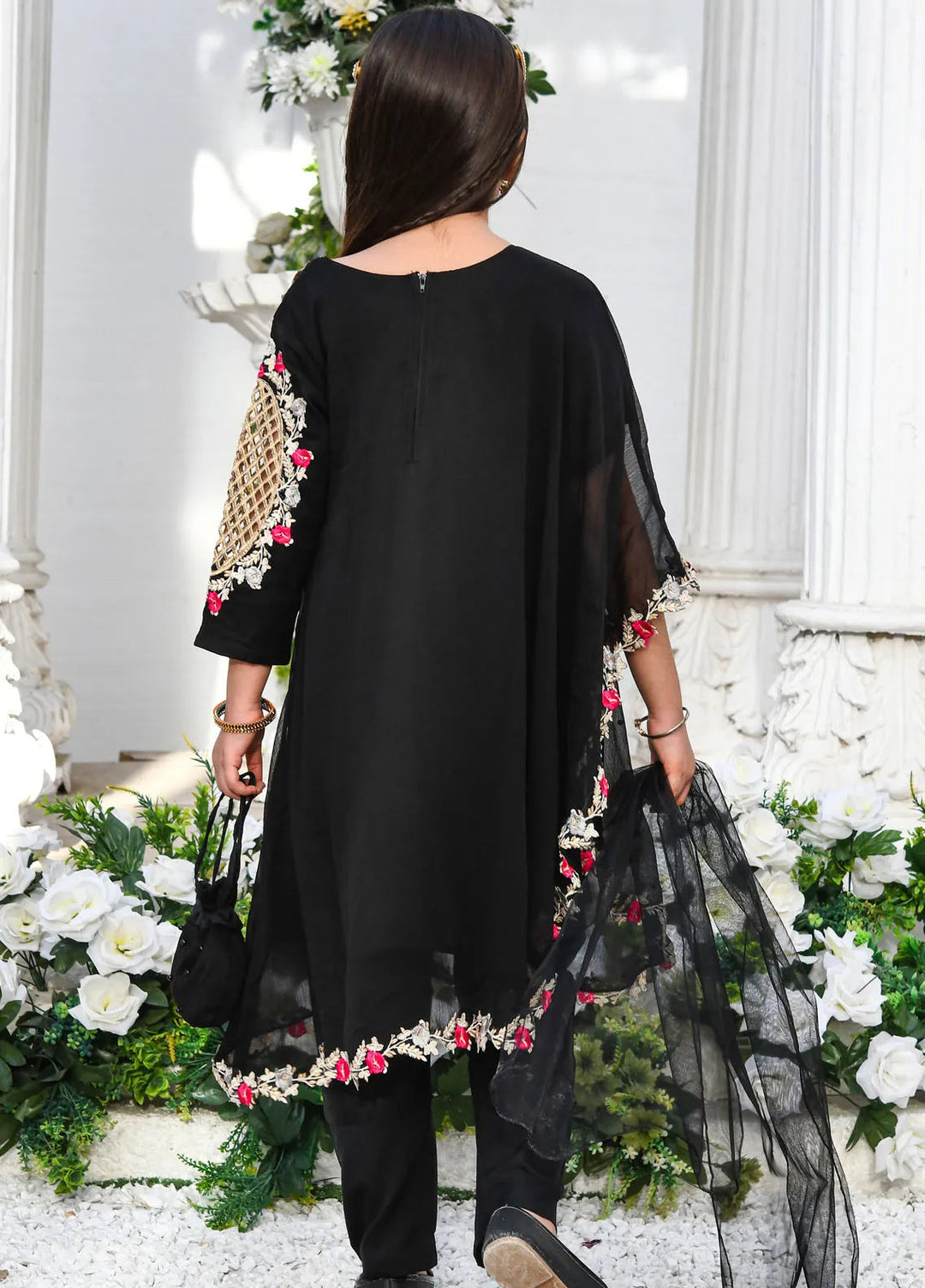 Modest Pret Casual Chiffon 3 Piece Suit Pearl Cape Dress - Black